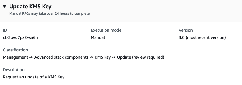 Update KMS Key interface showing ID, execution mode, version, and classification details.