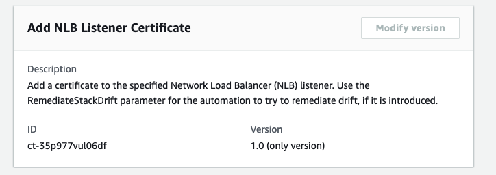 Form for adding an NLB listener certificate, showing description, ID, and version fields.