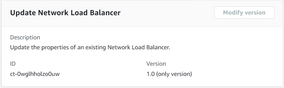 Network Load Balancer update interface showing description, ID, and version details.