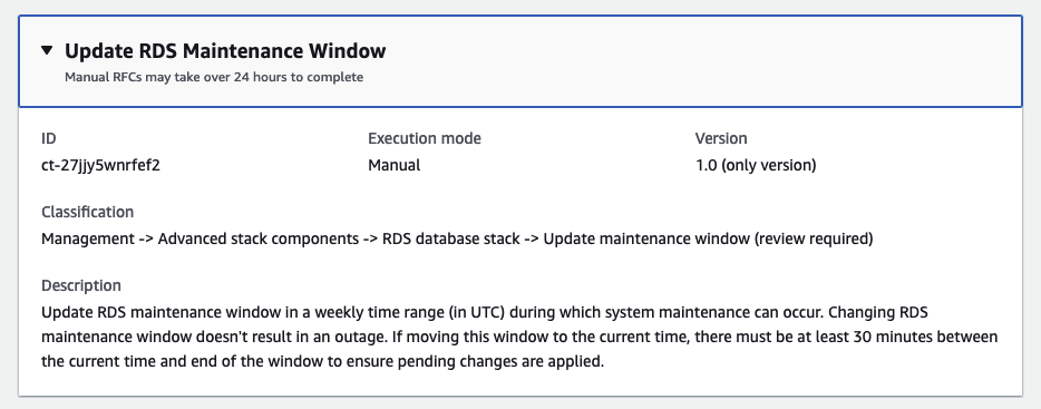 RDS maintenance window update form with ID, execution mode, version, and description fields.
