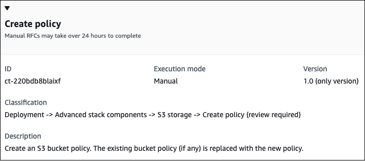 Create policy interface showing ID, execution mode, version, and description for S3 bucket policy.