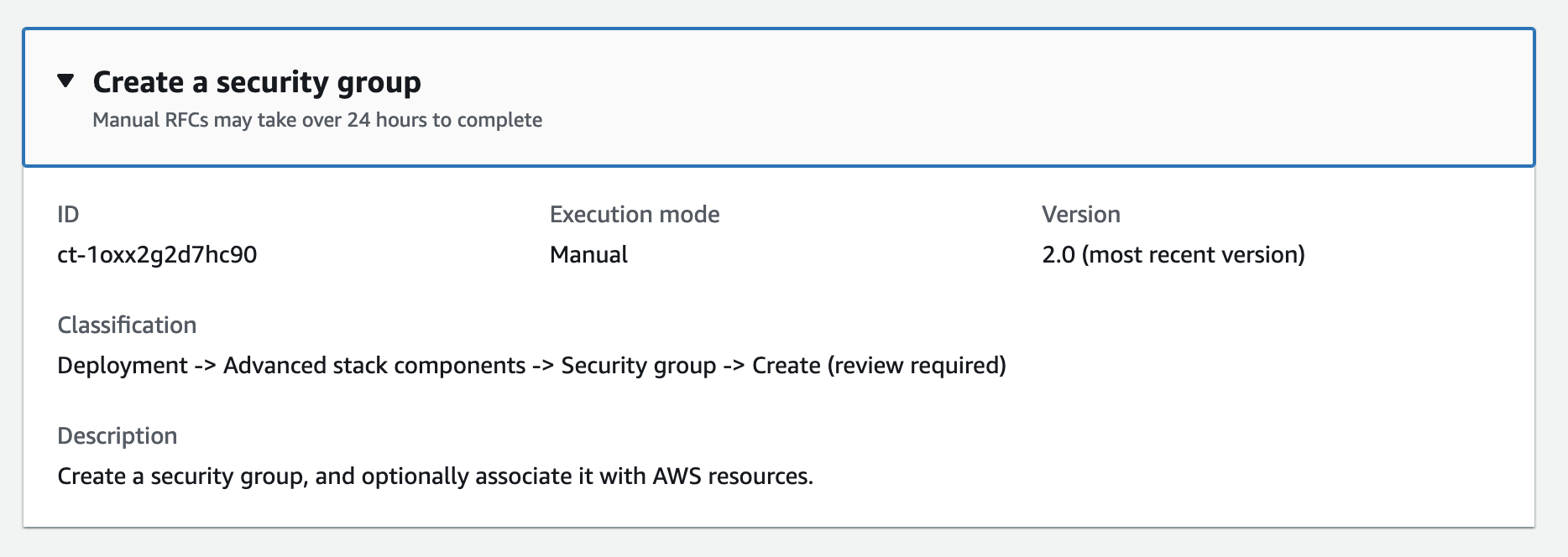Interface for creating a security group with ID, execution mode, version, and description.