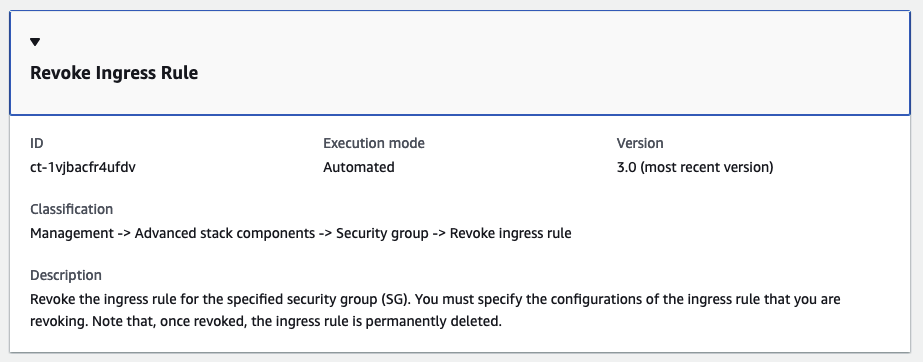 Revoke Ingress Rule interface showing ID, execution mode, version, and description.