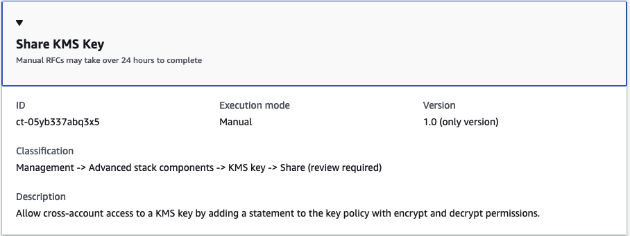 Share KMS Key interface showing ID, execution mode, version, and description for cross-account access.