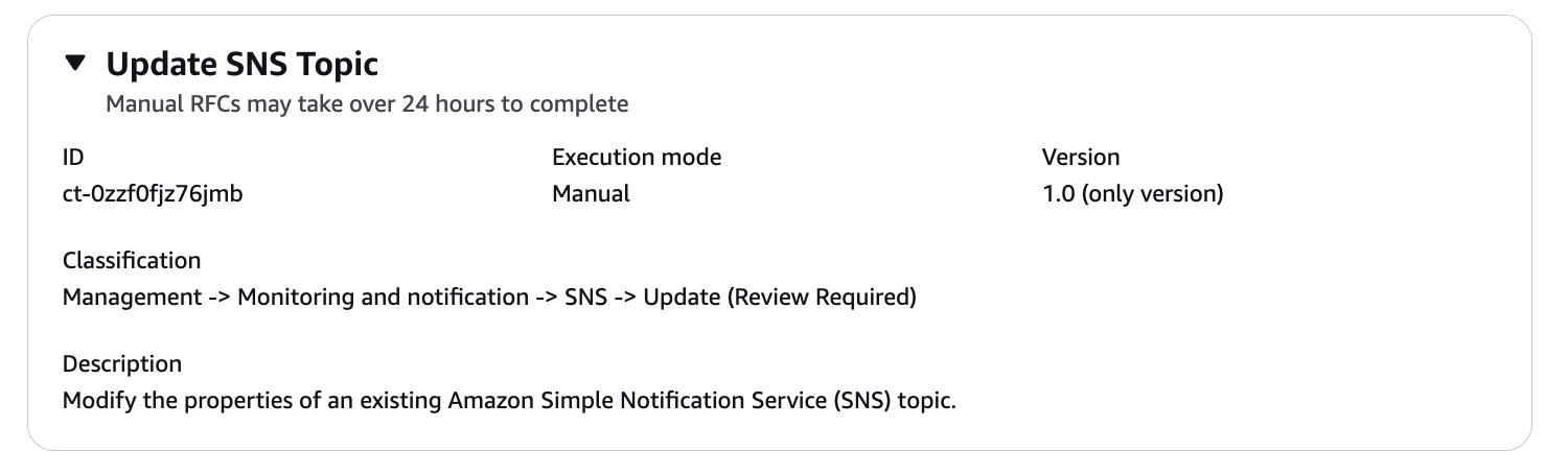 Update SNS Topic change type details including ID, execution mode, and description.