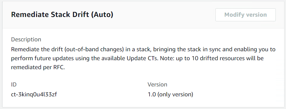 Description of Remediate Stack Drift change type with ID and version details.