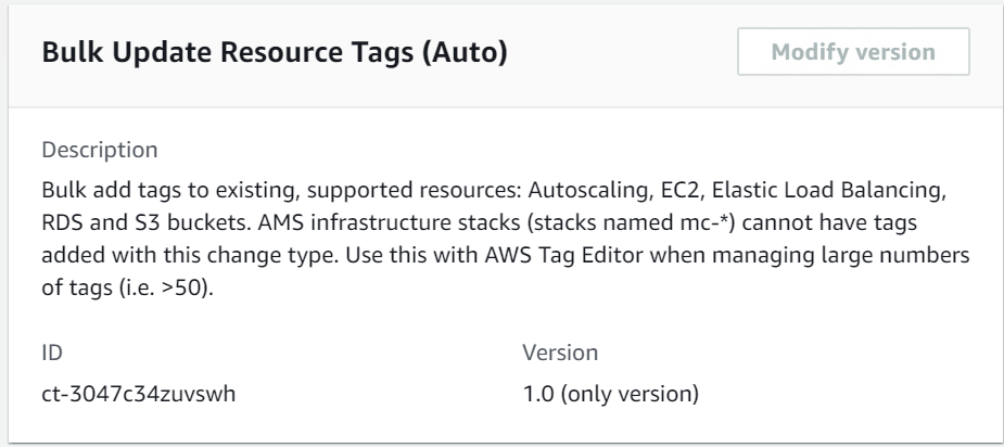 Description of Bulk Update Resource Tags (Auto) change type with supported resources and usage.