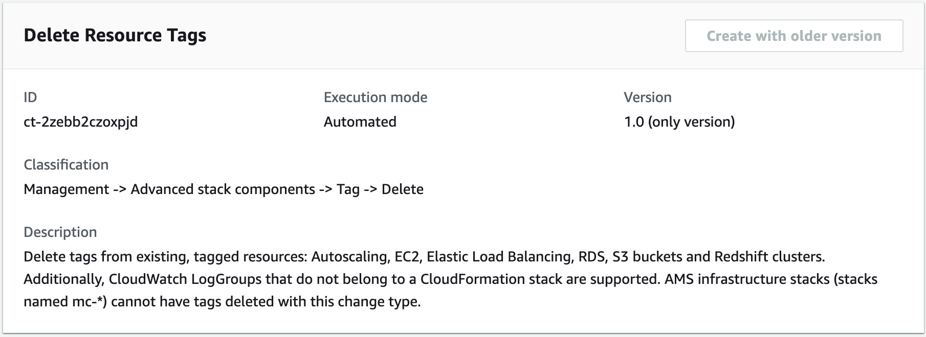 Delete Resource Tags change type details showing ID, execution mode, version, and description.