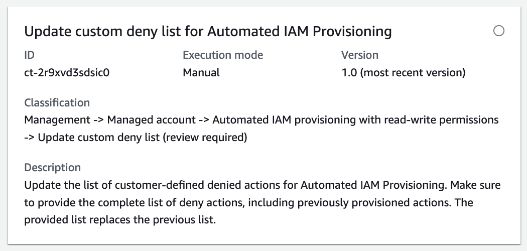 Form for updating custom deny list in Automated IAM Provisioning, showing ID and classification details.
