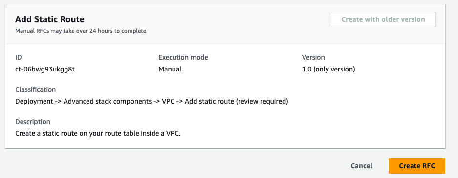Add Static Route form with ID, execution mode, version, and classification details.
