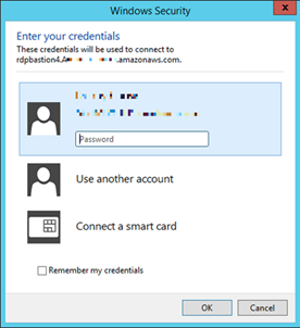 Windows Security credentials dialog box with username field and options to use another account or smart card.