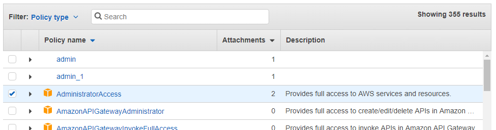 Policy list showing AdministratorAccess with full Service AWS access description.