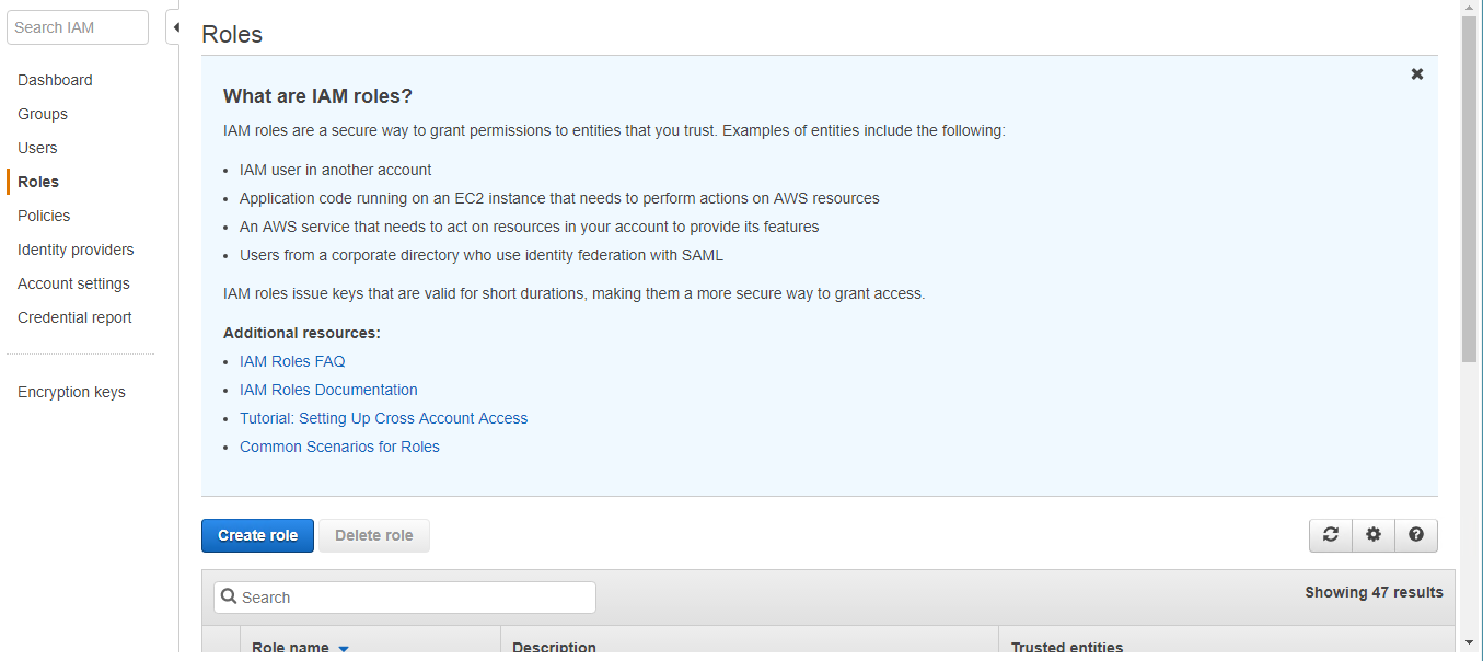 IAM roles explanation with examples of trusted entities and additional resources.