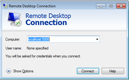 Remote Desktop Connection dialog with computer field set to localhost:5000.