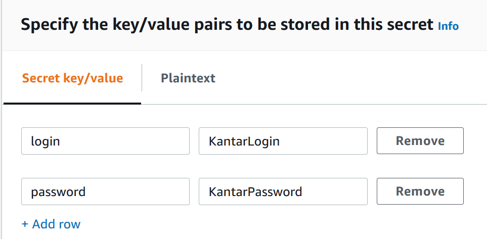 Cette capture d'écran montre deux paires clé-valeur. La clé du premier est « login » et la valeur est votre nom de connexion Kantar. La clé du second est « mot de passe » et la valeur est votre mot de passe Kantar.