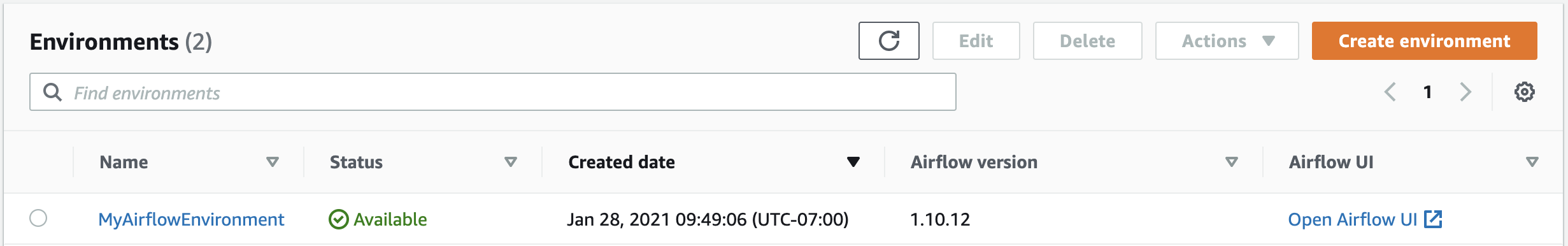 Cette image montre le lien vers votre interface utilisateur Apache Airflow sur la console Amazon MWAA.