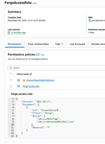 ForgeAccessRole page de détails montrant les politiques d'autorisations avec le document de politique JSON.