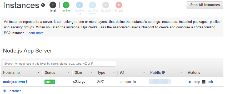 OpsWorks instance management interface showing one online Node.js App Server instance.