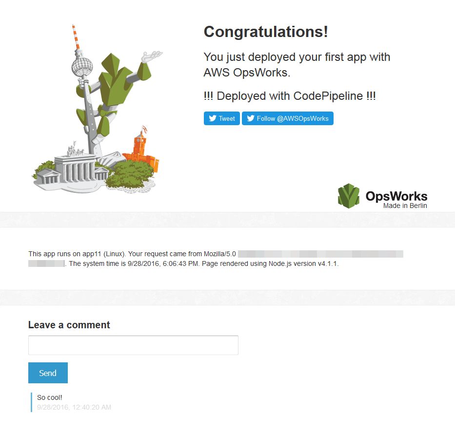 Congratulatory message for deploying first app with AWS OpsWorks, featuring stylized landmarks.