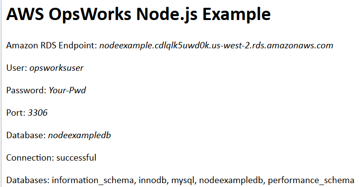 OpsWorks Node.js example showing RDS endpoint, user credentials, and database details.