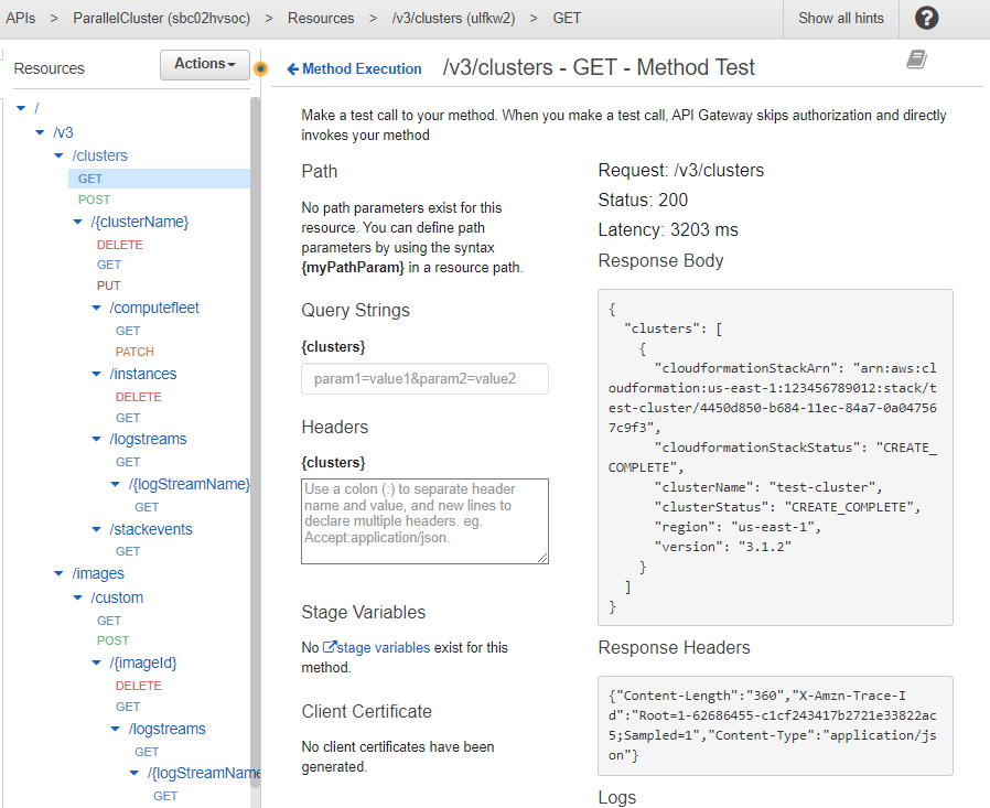 Vue de console des ressources de l'API, des mécanismes de test et de la réponse à votre demande de test.