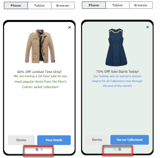 Exemple de carrousel présentant deux produits et des messages.