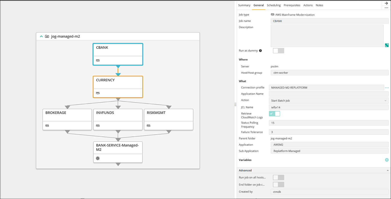 Le flux de tâches sur la gauche et les propriétés sur la droite.