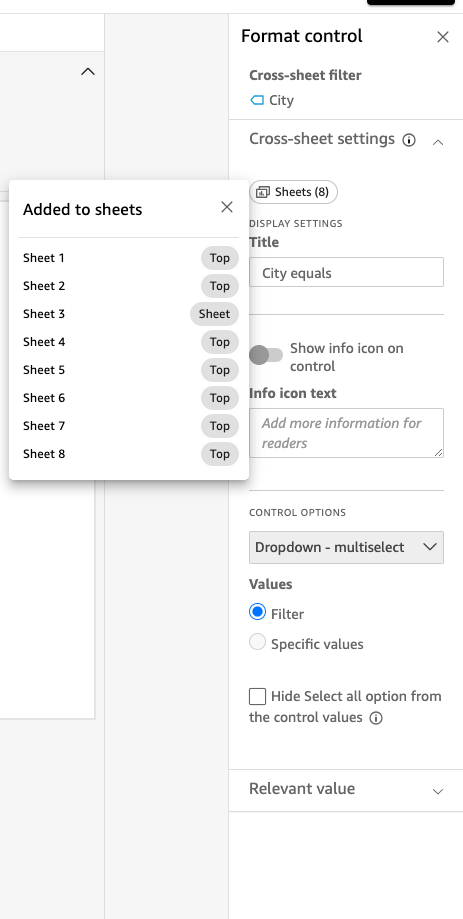 Il s'agit d'une image d'un contrôle multifeuille dans QuickSight.