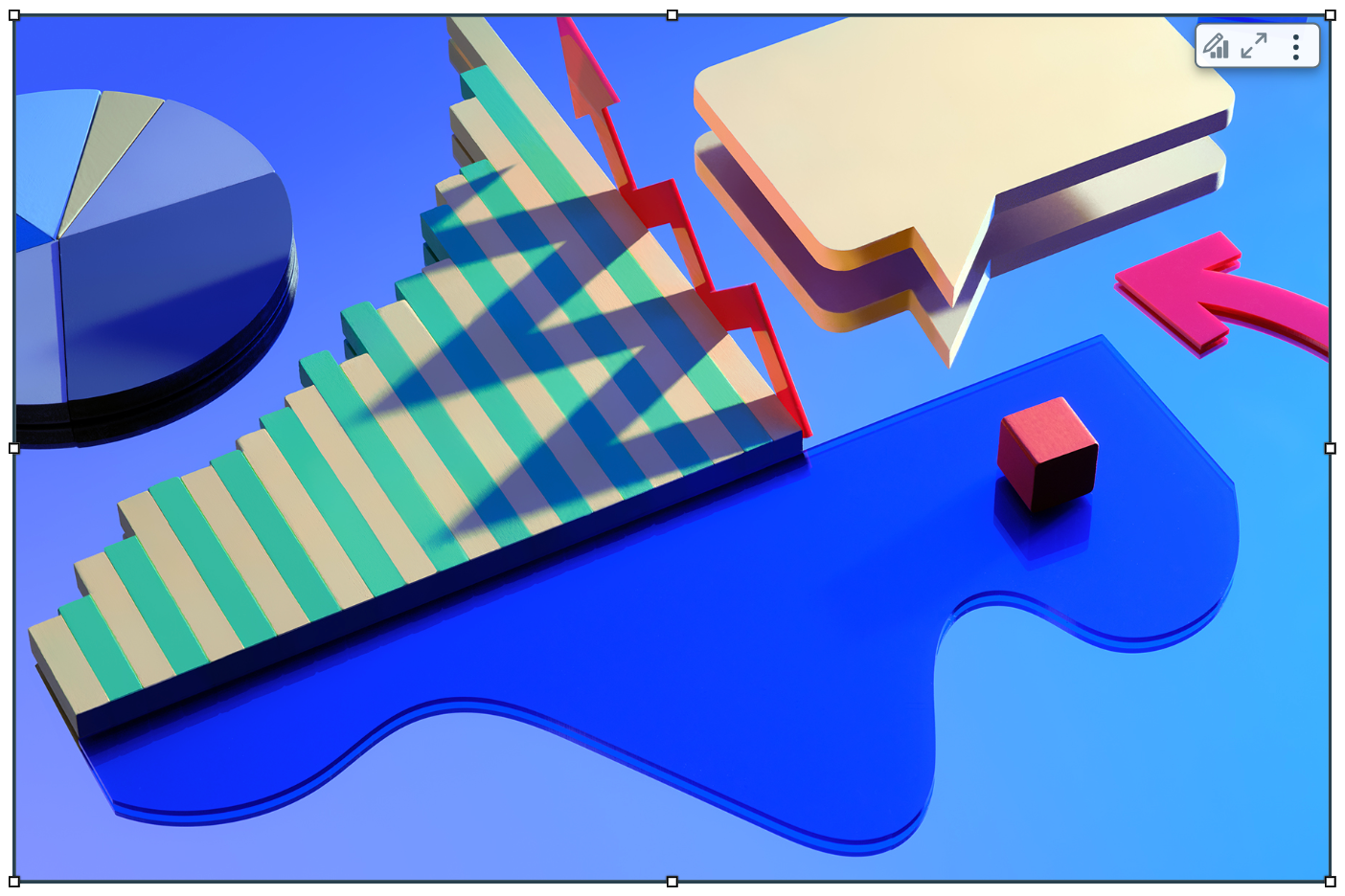 3D visualization of data analytics elements including pie chart, bar graph, and arrows on blue background.