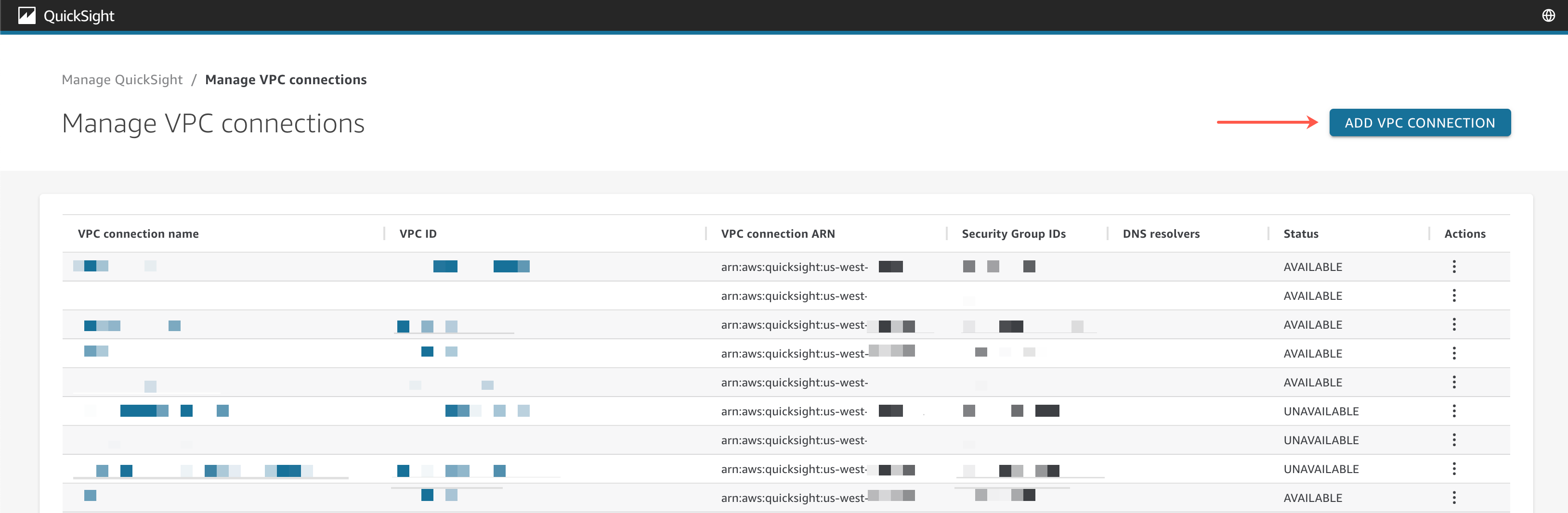 Le bouton AJOUTER UNE CONNEXION VPC en haut à droite du tableau Gérer les connexions VPC.