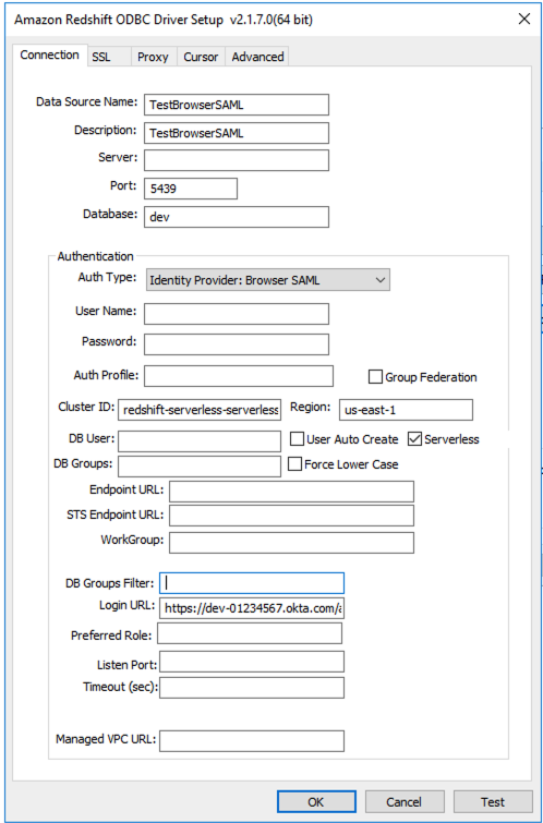 L'onglet Connexion du pilote ODBC Amazon Redshift pour Windows. Les champs correspondant à l'exemple de syntaxe ci-dessus sont remplis.