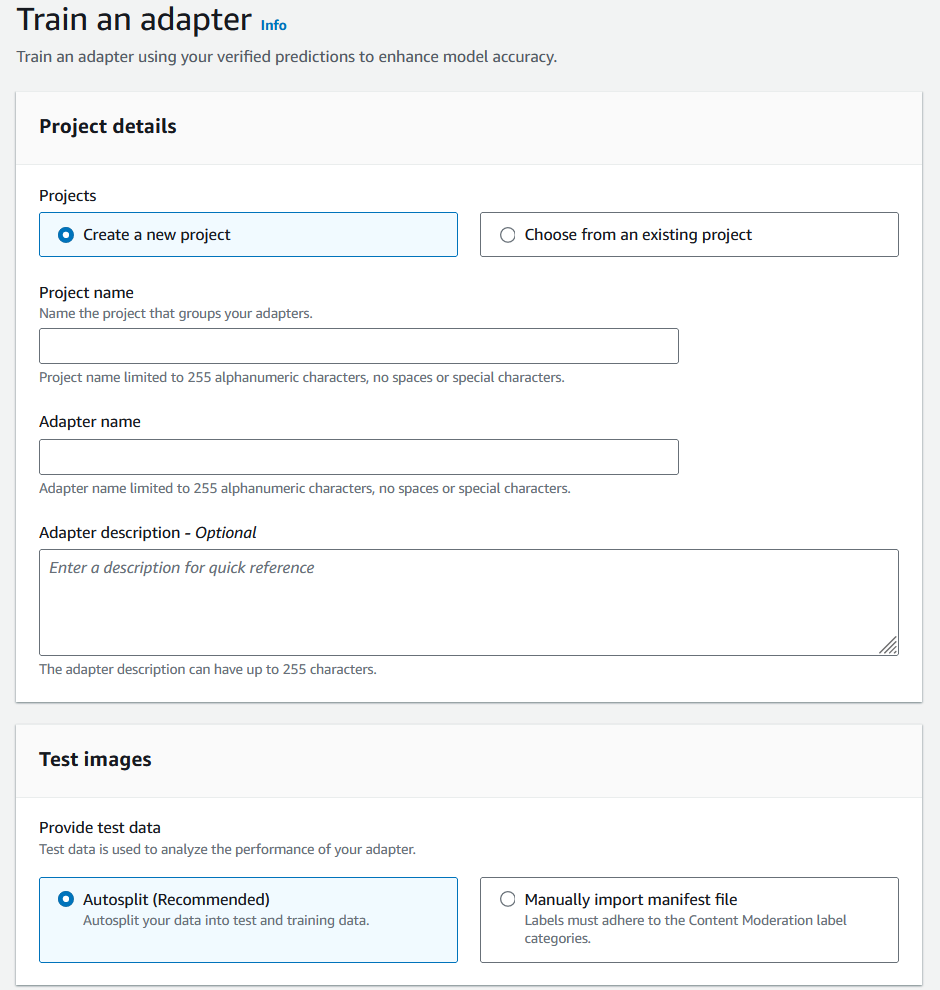 Interface permettant de créer un nouveau projet d'adaptateur avec des champs permettant de saisir le nom du projet, le nom de l'adaptateur, la description de l'adaptateur, de spécifier la source de données de test et de fractionner automatiquement les données ou d'importer un fichier manifeste.