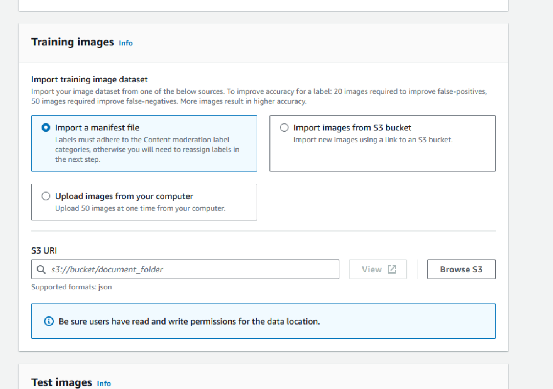 Interface présentant des options pour importer des images d'entraînement, avec des options pour importer un fichier manifeste, importer depuis un compartiment S3 ou télécharger des images depuis un ordinateur. Inclut un champ d'URI S3 et une note sur la garantie des autorisations de lecture/écriture.