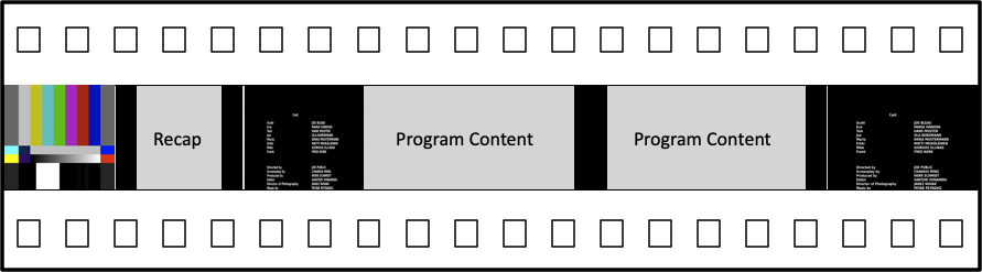 Barres de couleur, segment récapitulatif, deux segments de contenu de programme et cadres noirs représentant la chronologie d'une émission ou d'un film.