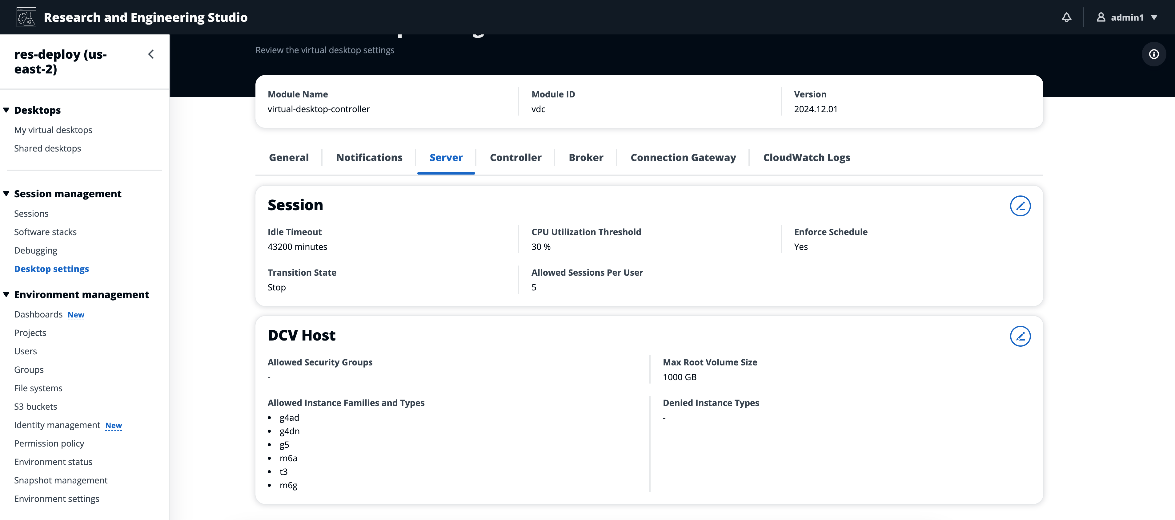 Virtual desktop settings interface showing session and DCV host configuration options.