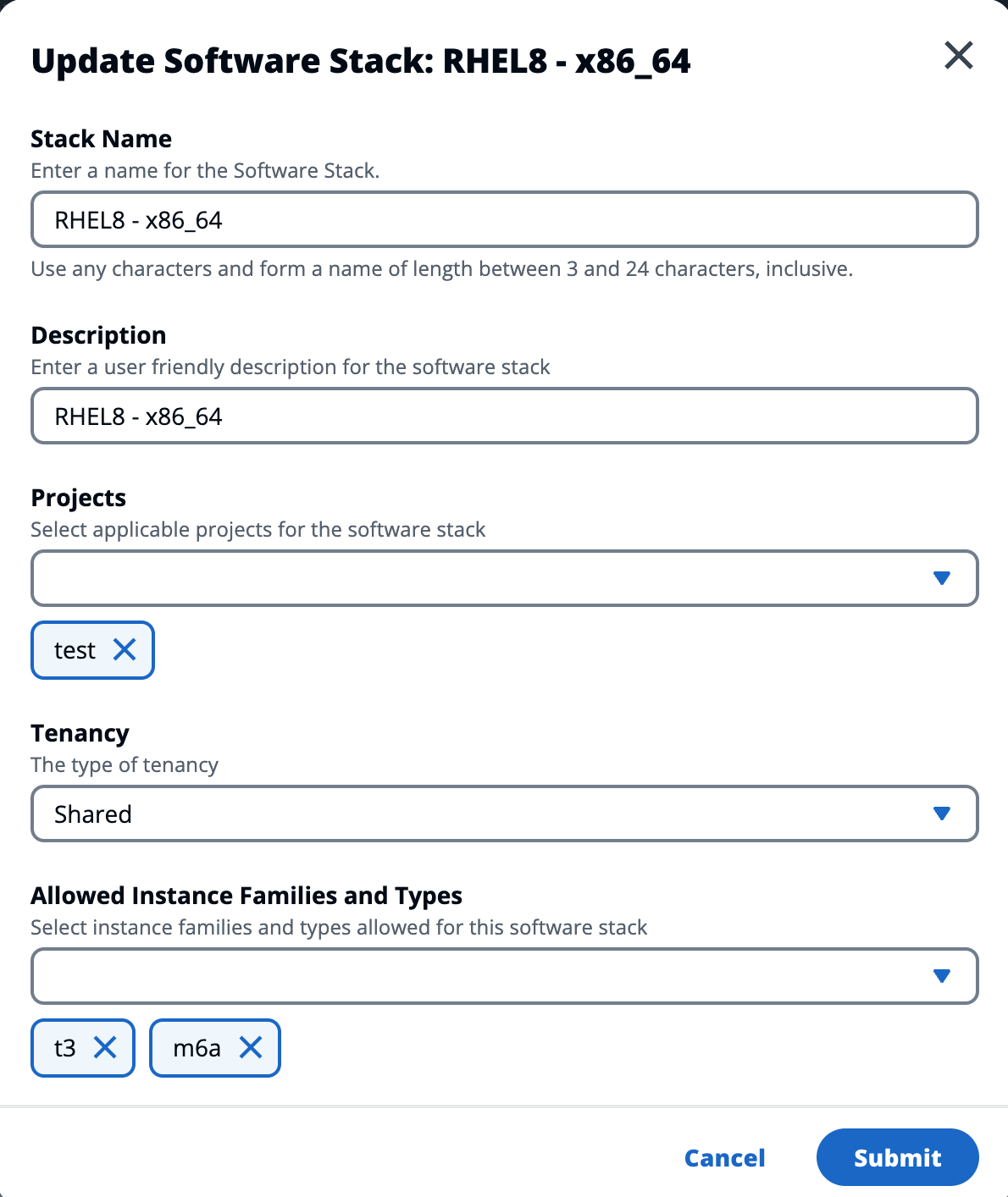 Form to update software stack with fields for name, description, projects, tenancy, and instance types.