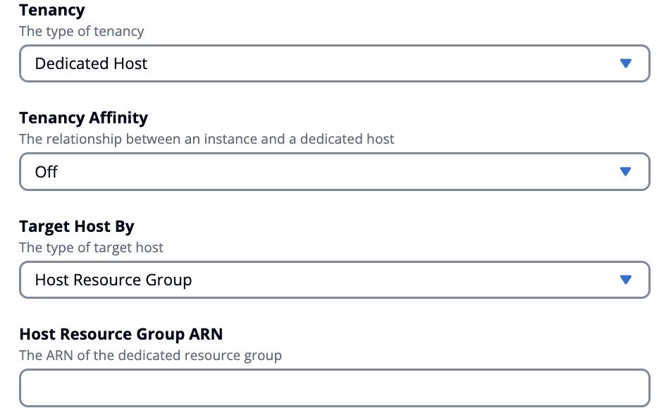 Configuration options for tenancy, affinity, and target host in a cloud service interface.