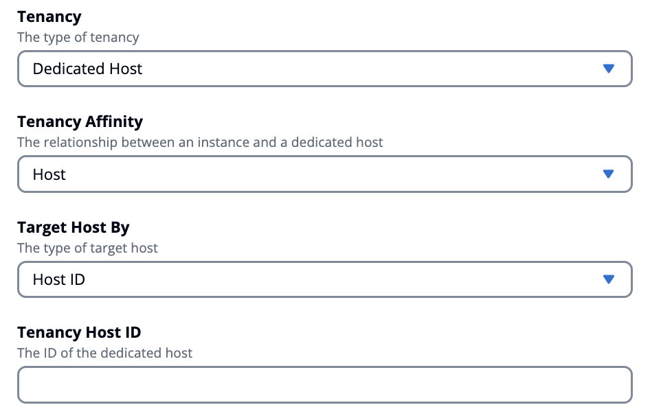 Form fields for configuring tenancy settings, including type, affinity, and host targeting options.