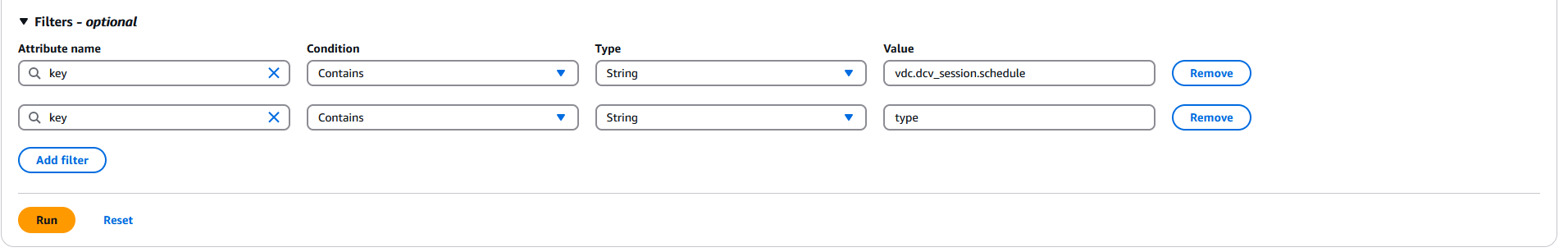 Filters section with two key filters: one for session schedule and one for type.