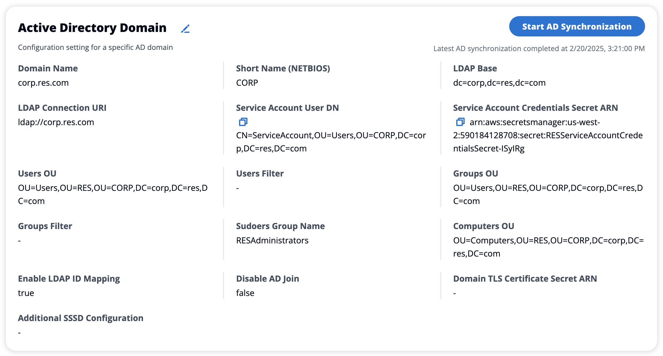 Page de configuration de domaine Active Directory indiquant l'heure de la dernière synchronisation