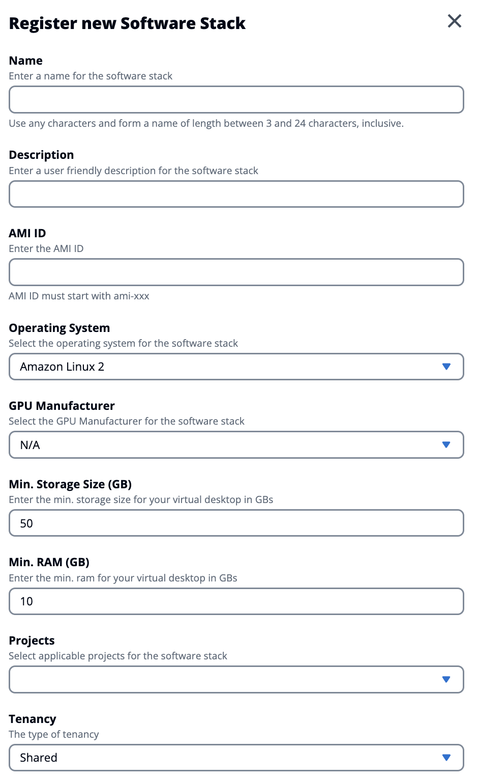 Page contextuelle de la console d'administration qui vous permet de sélectionner le type de location à lancer VDIs