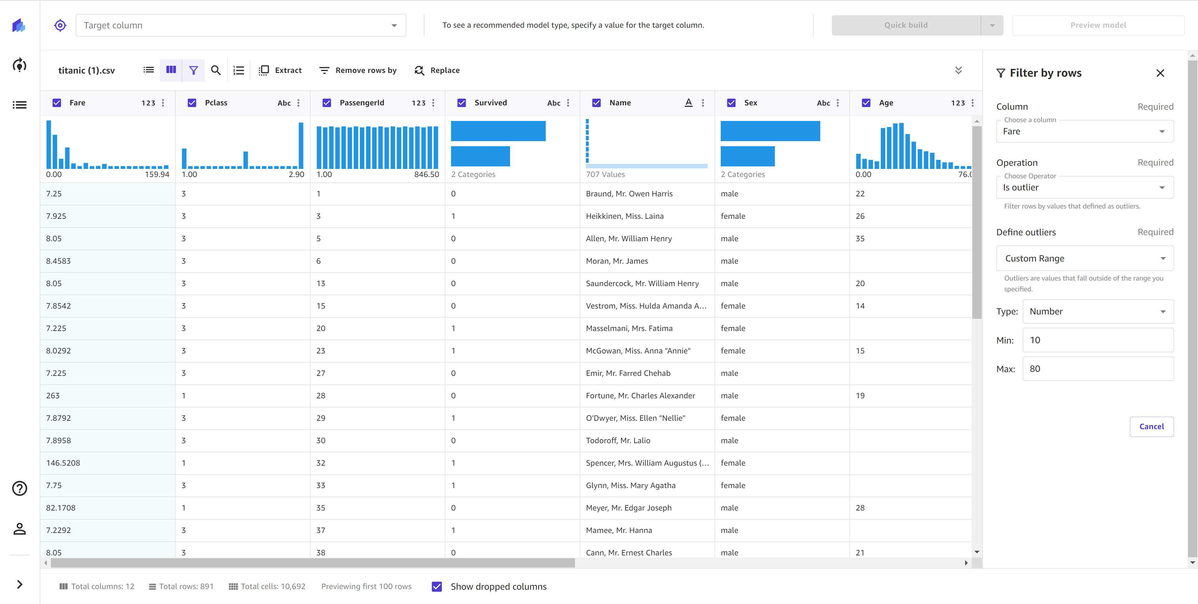 Capture d'écran du fonctionnement du filtre par valeurs aberrantes dans l'application SageMaker Canvas.