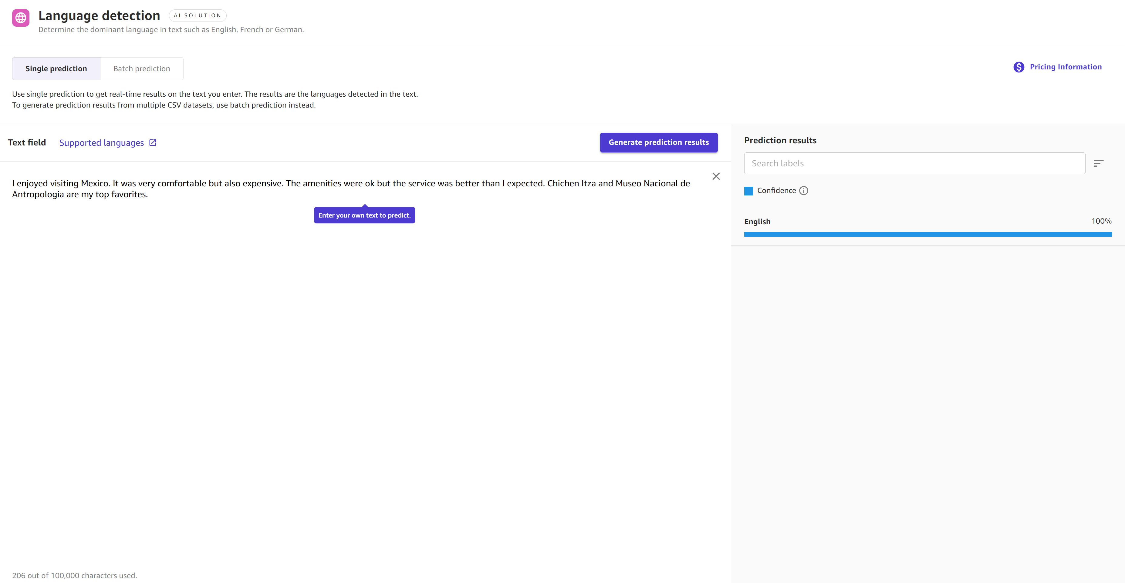 Capture d'écran des résultats d'une seule prédiction avec le Ready-to-use modèle de détection de langue.
