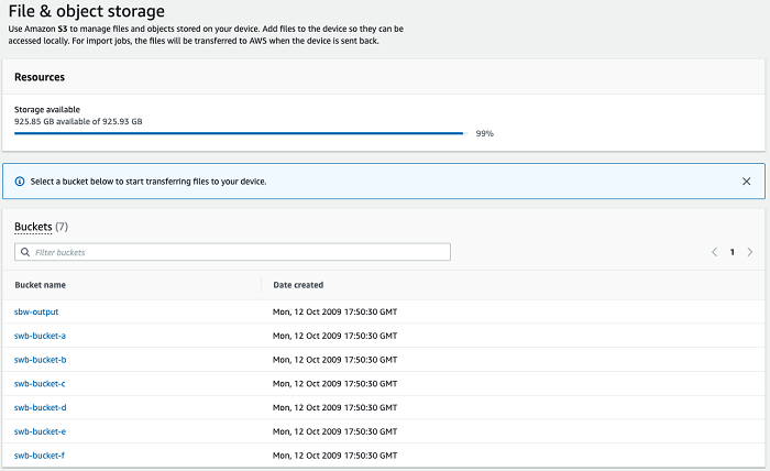 Page de stockage de fichiers et d'objets présentant les compartiments Amazon S3 sur l'appareil Snowball Edge