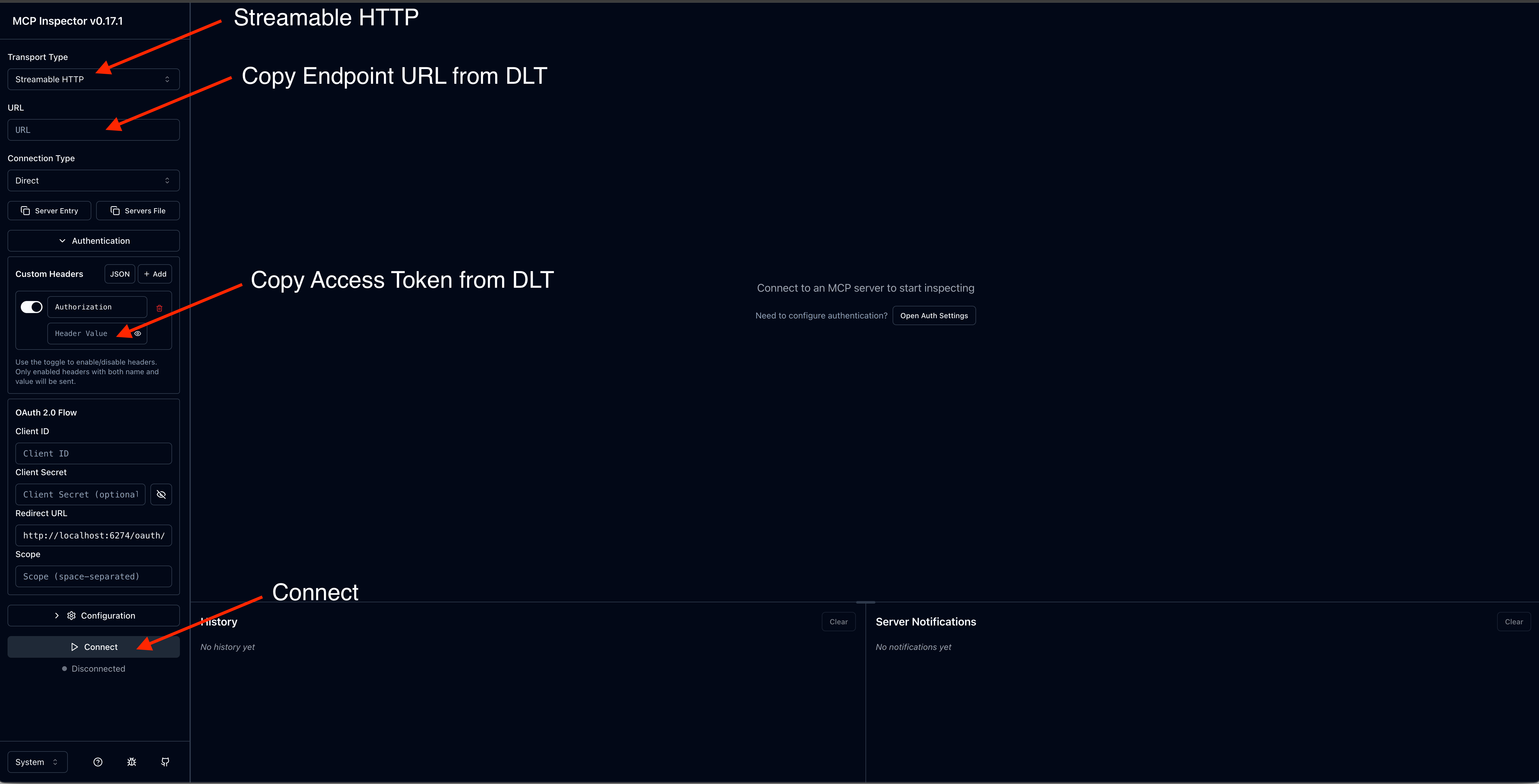 Écran de configuration de MCP Inspector