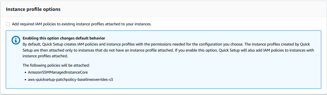 La case Ajouter les politiques IAM requises aux profils d’instance existants n’est pas cochée dans la zone Options du profil d’instance.
