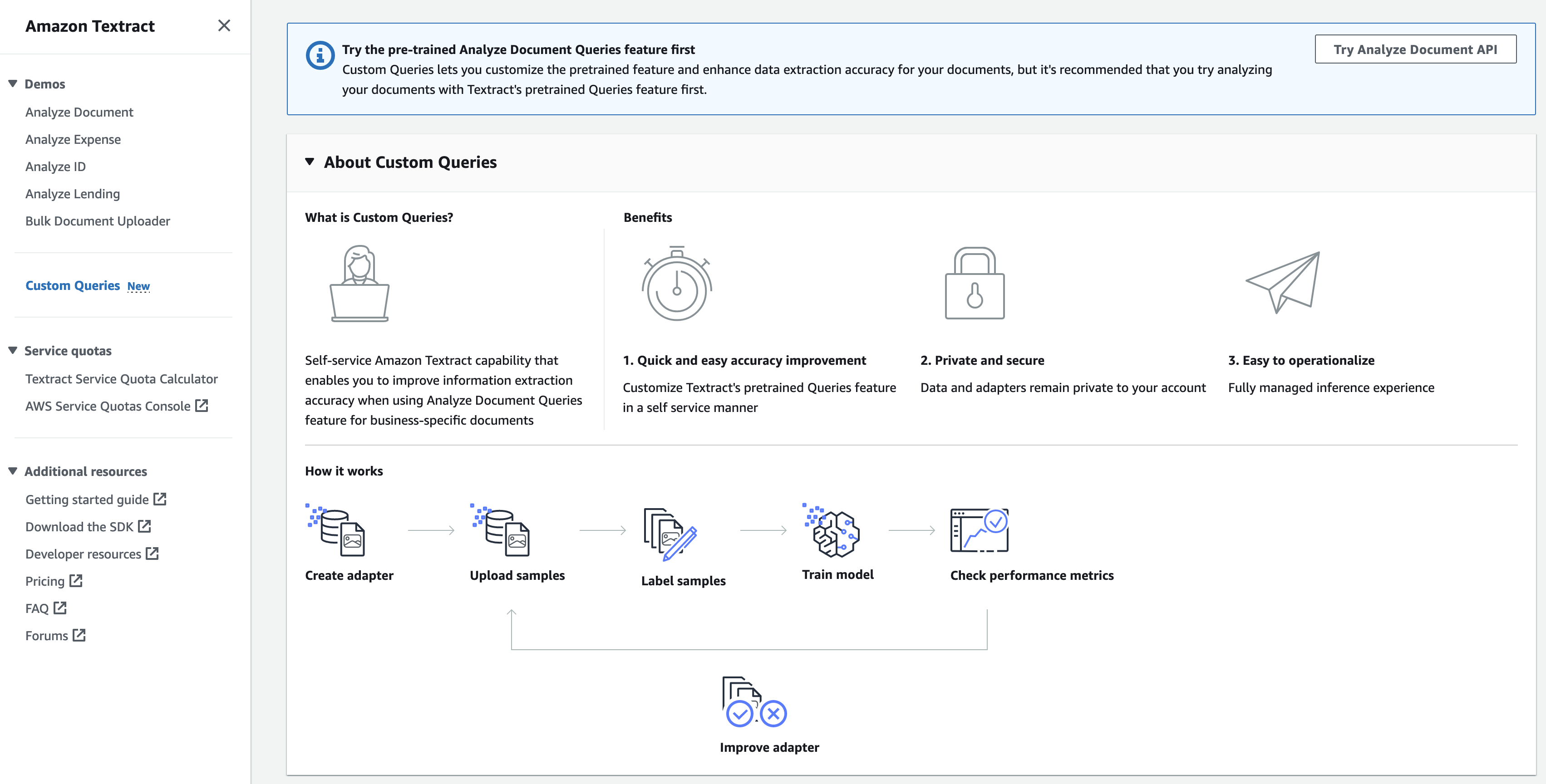 Self-service interface présentant la fonctionnalité Amazon Textract Custom Queries pour améliorer la précision de l'extraction des informations sur les documents commerciaux, avec des icônes illustrant ses avantages et les étapes du flux de travail telles que la création d'adaptateurs, le téléchargement d'échantillons, l'étiquetage, les modèles de formation et la vérification des indicateurs de performance.