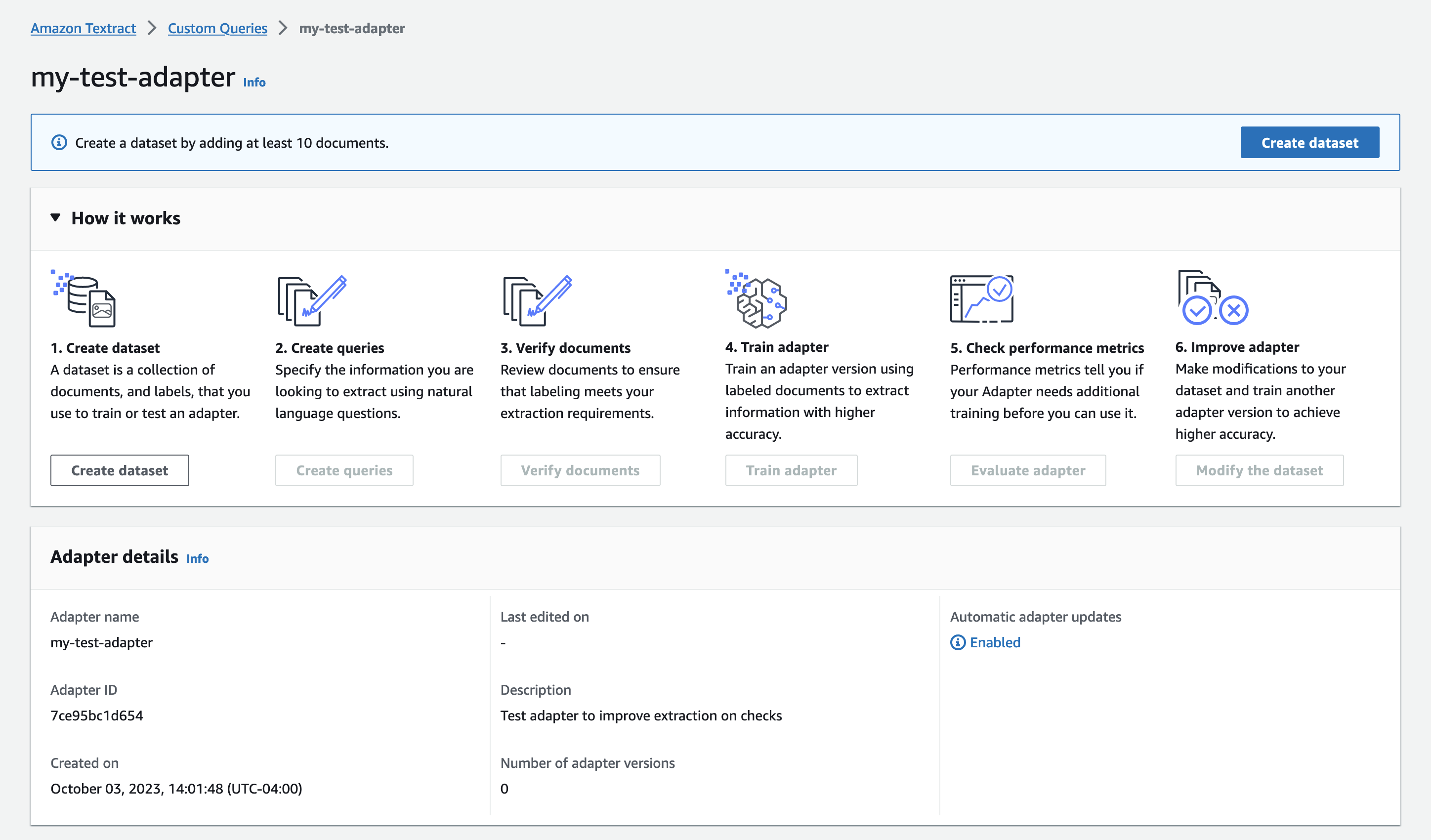 Textract la page de requêtes personnalisées pour my-test-adapter indiquant les étapes pour créer un ensemble de données, des requêtes, vérifier des documents, former un adaptateur, vérifier les indicateurs de performance et améliorer l'adaptateur.