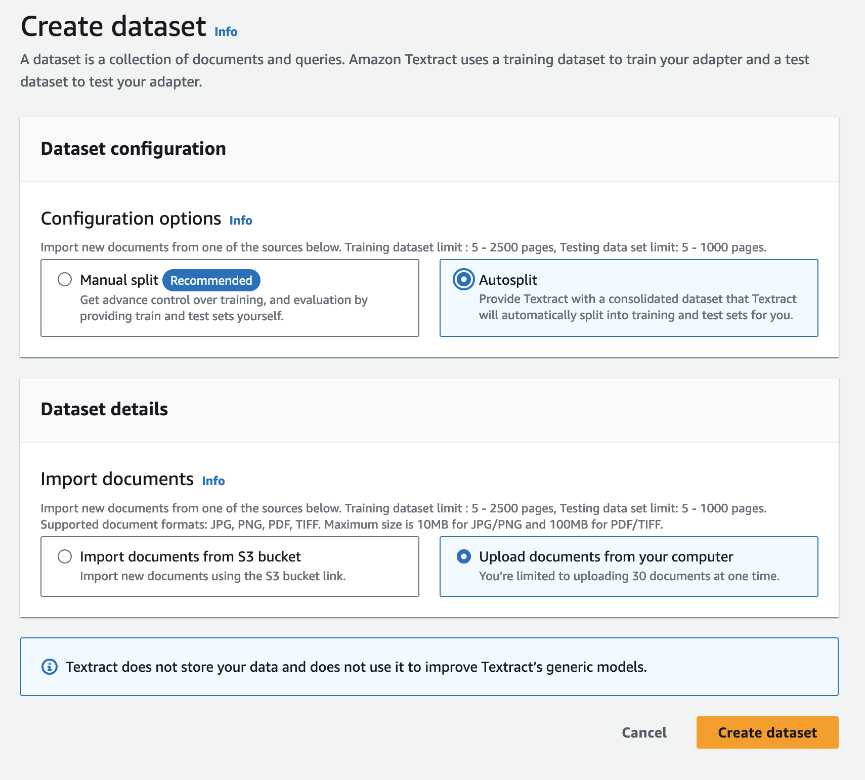 Interface présentant les options permettant de créer un ensemble de données pour Amazon Textract : soit par division manuelle pour fournir vous-même des ensembles d'entraînement et de test, soit par division automatique pour permettre à Textract de se diviser automatiquement en ensembles d'entraînement et de test. Importez des documents depuis un compartiment S3 ou des fichiers locaux.