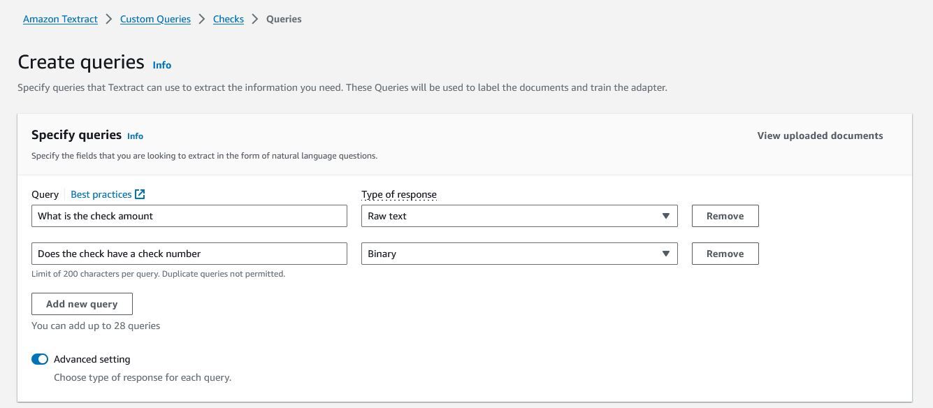 Interface pour créer des requêtes d'extraction de texte sur des fichiers de documents. Permet de spécifier des types de réponse en texte brut ou binaire (yes/no) pour chaque invite de requête. L'interface comporte des champs permettant de saisir le texte de la requête, de sélectionner le type de réponse et d'ajouter de nouvelles requêtes.